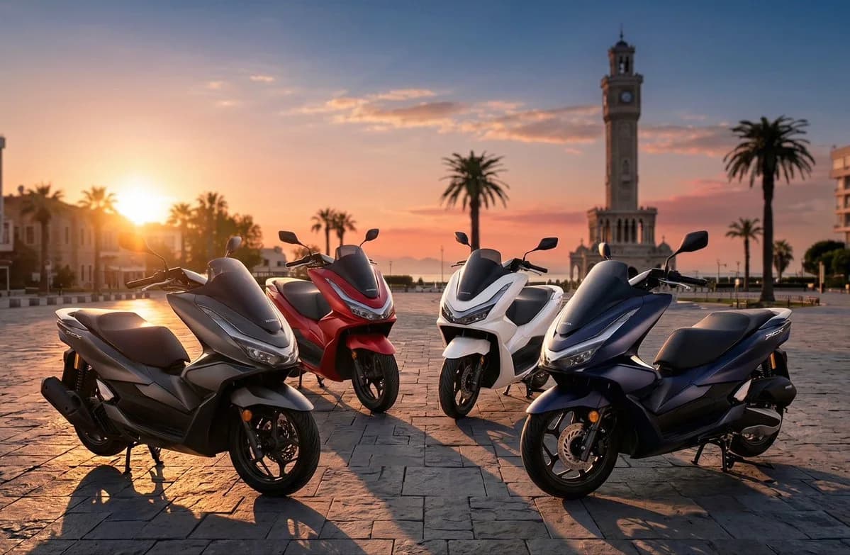 Dört Honda PCX scooter — gri, kırmızı, beyaz ve mavi — gün batımında İzmir Saat Kulesi önünde